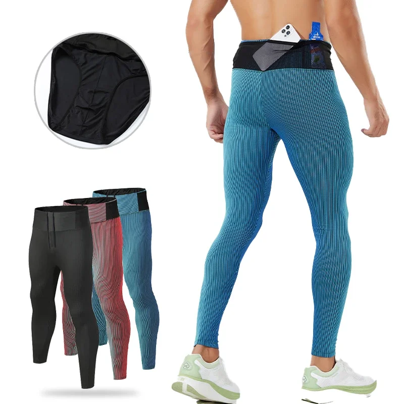 2026 New Men Striped Compression Tights for Marathon Running Fitness Yoga Pants with Mesh Pocket