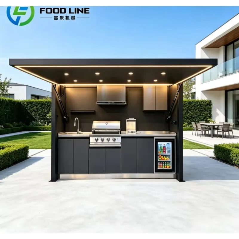 Integrated Stainless Steel Kitchen Station, Custom Outdoor BBQ Pizza Oven Unit with Waterproof Windproof Pergola