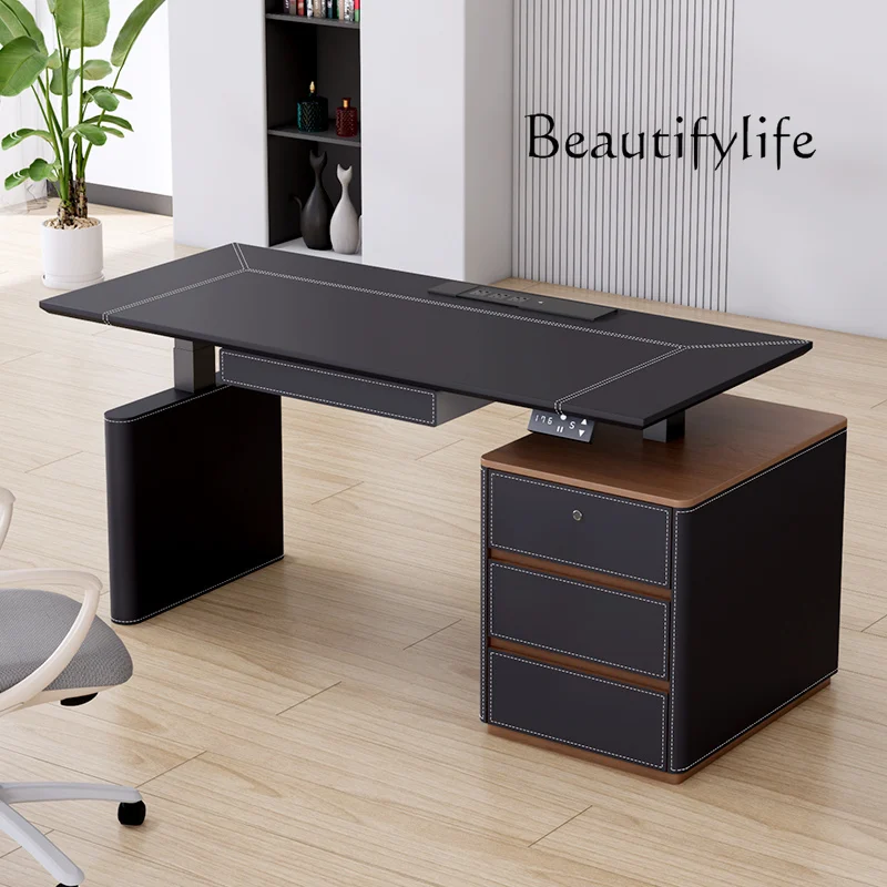 

Italian electric lift desk, bedroom saddle leather desk with sub-cabinet custom high-end desk