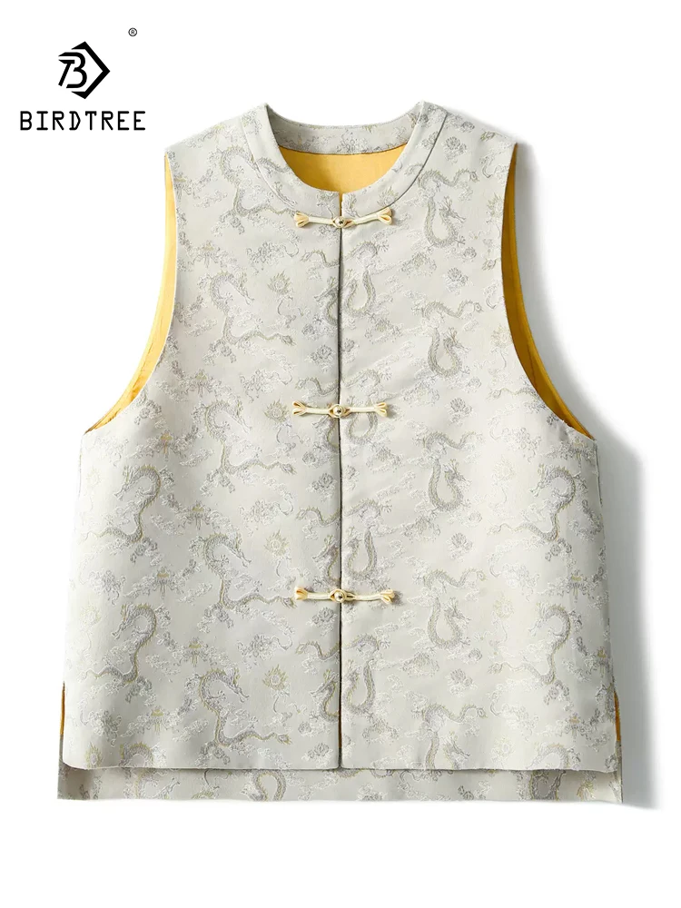 

BirdTree, 30%Mulberry Silk Retro Vest, Women Sleeveless Jacquard, Chinese Style Commute Vest Top, 2024 Summer Autumn C479107QC