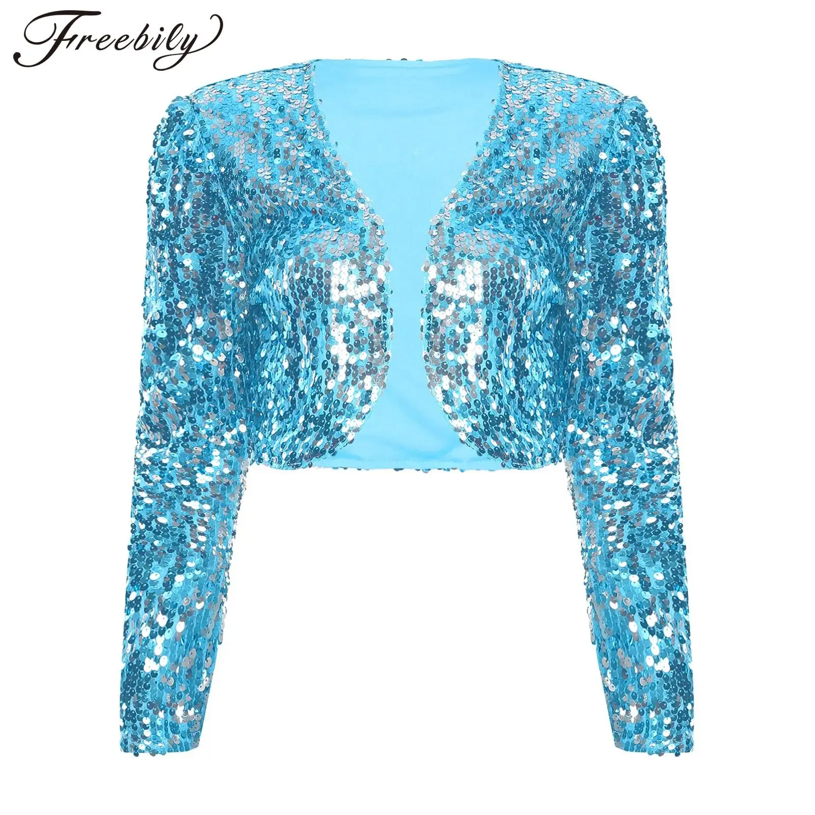 

Fashion Women's Jacket Sequin Coats Rave Club Wear Outerwear Long Sleeve Short Cardigan Crop Bolero for Party Nightclub Costume