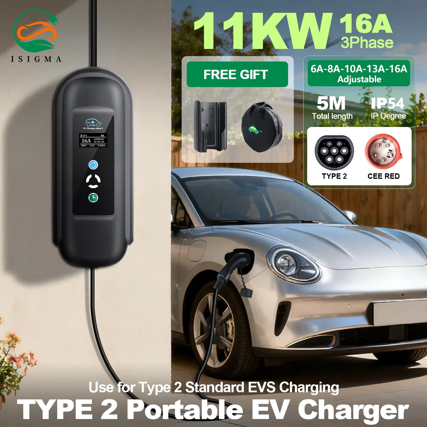 Isigma 11kw 16A 3P EV Caricatore Tipo 2 Regolare la funzione timer di corrente CEE Rosso Ricarica domestica Veicolo elettrico PHEV Auto 5M
