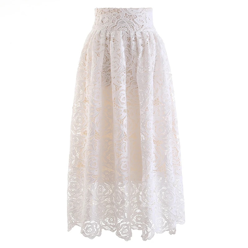 French Style Gentle Fairy Lace Skirt Women Summer High Waist Slim Fit Heavy Industry Manual Casual Fashion White Long Skirts