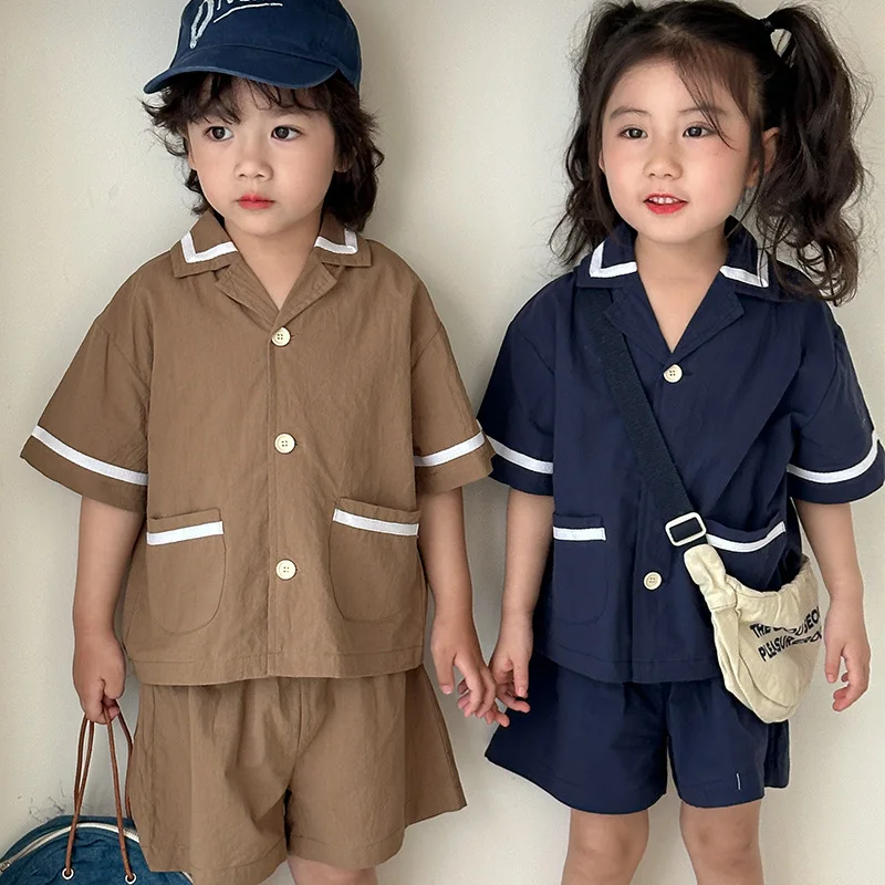 Children's Summer Suit Academy Style Pure Cotton Thin Boys 2025 New Baby Girls Casual Short Sleeve Two-piece Set