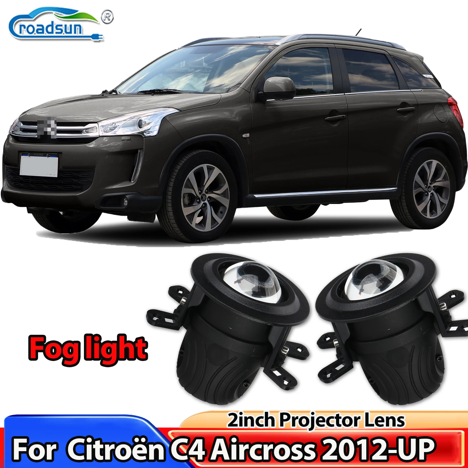 ROADSUN 2.0 Inch Bi-LED Projector Fog Lights with brackets 3 Color Hi/Lo Beam Fog lamp For Citroen C4 Aircross 2012-UP