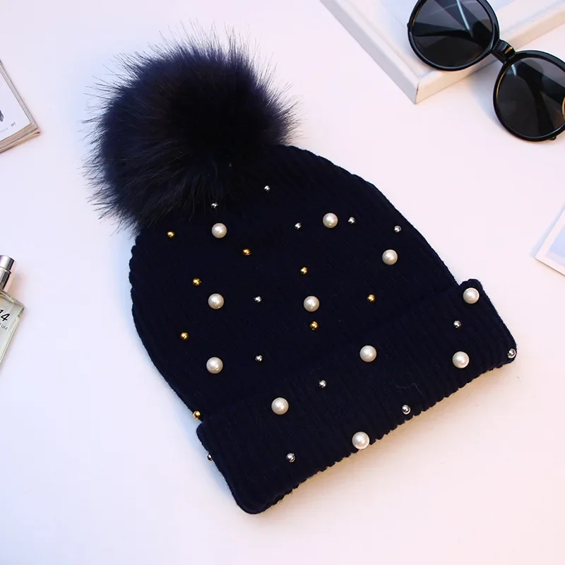 Fashion Pompom Knitted Wool Hat With Pearls Beads Caps For Women Beanie Winter Spring Outdoor Warm Cap Beanies Bonnet