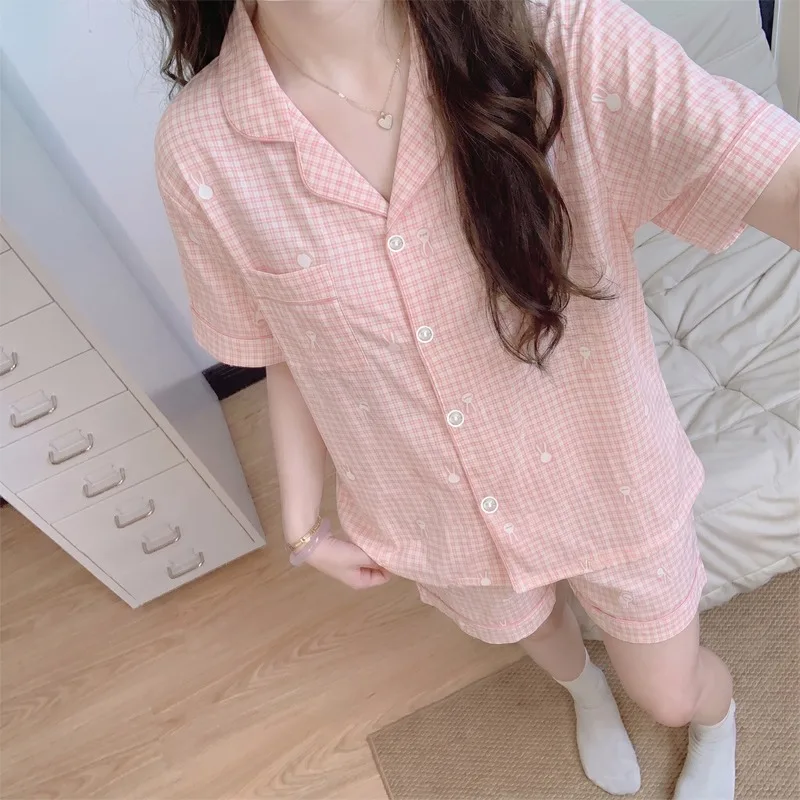 Cute Pink Plaid Rabbit Print Pajamas Women Summer 2 Piece Set Button Down Short Sleeve Nightwear Soft Ladies Homewear Loungewear