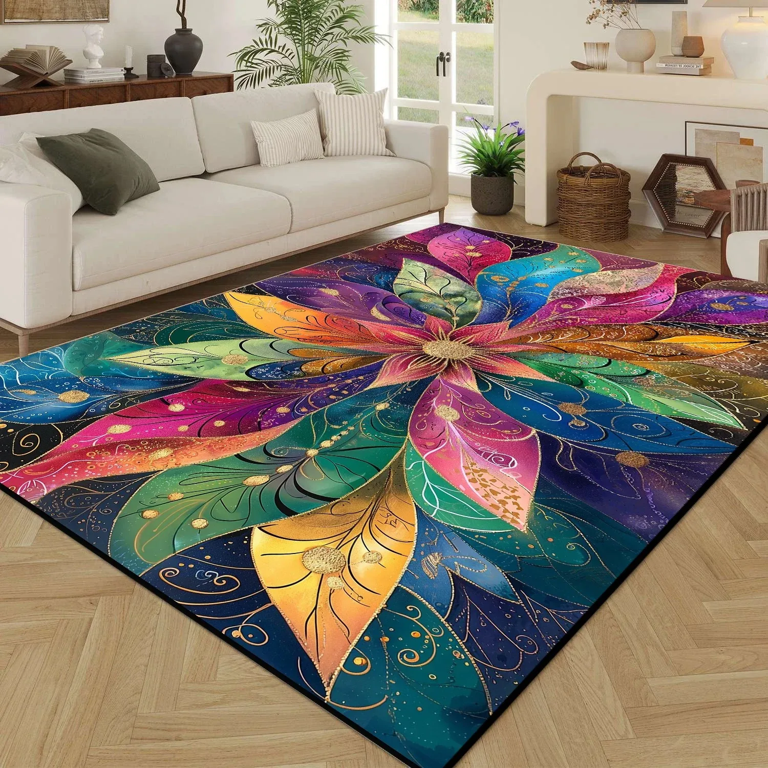 Vibrant Rainbow Mandala Flower Area Rug, Artistic Gilded Bohemian Leaf Rug, Colorful Ethnic Floor Carpet for Bedroom Living Room