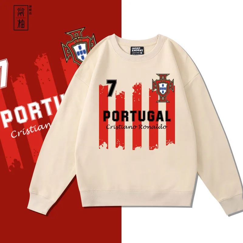 

Футбольная тренировочная одежда из Португалии: Новая фанатская толстовка с круглым вырезом, спортивная одежда из хлопка и полиэстера, свободный крой, для молодежи
