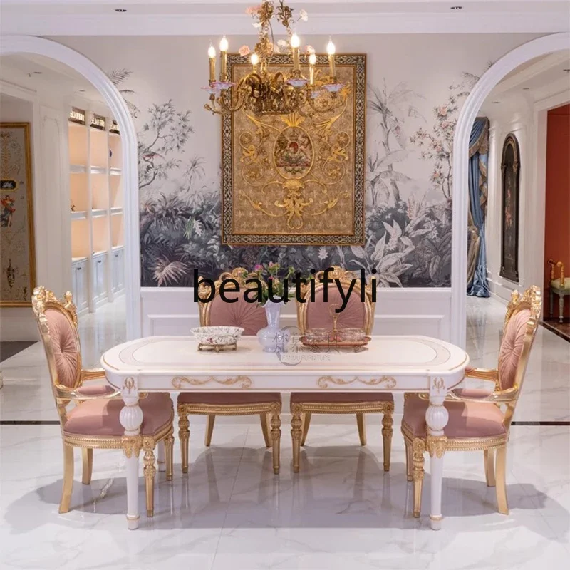 

LXFrench court style solid wood dining table and chair combination light luxury oval table six chairs dining tableSSS