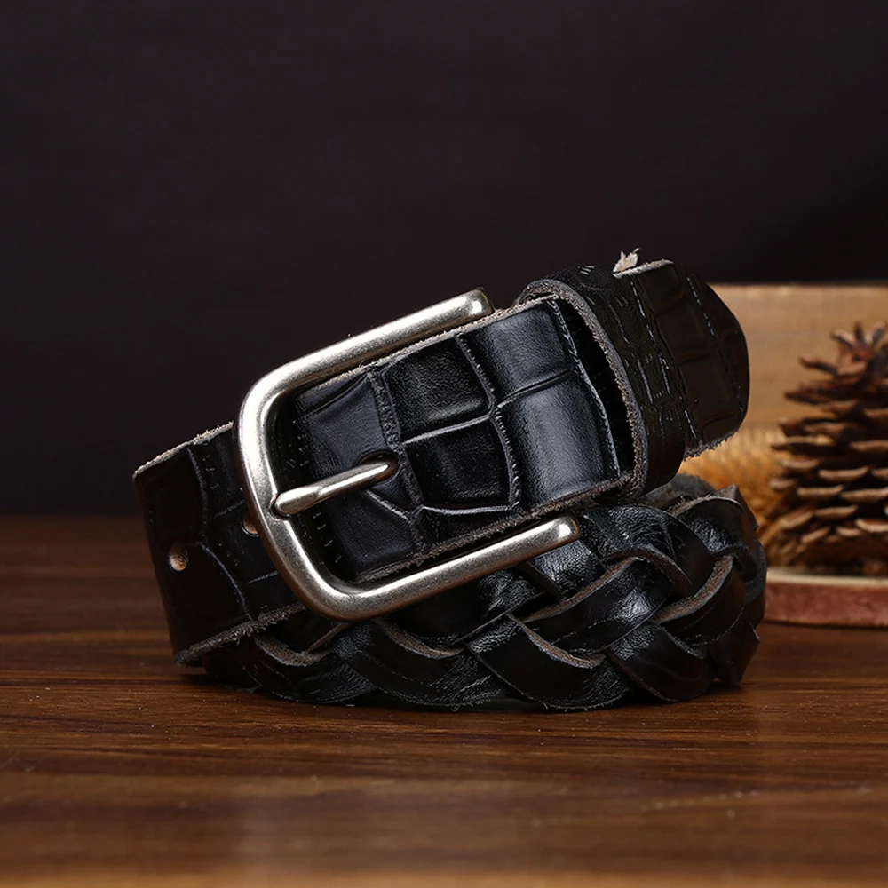 3.3CM new hand woven crocodile embossed belt with cowhide weaving, fashionable and casual versatile waist belt for men