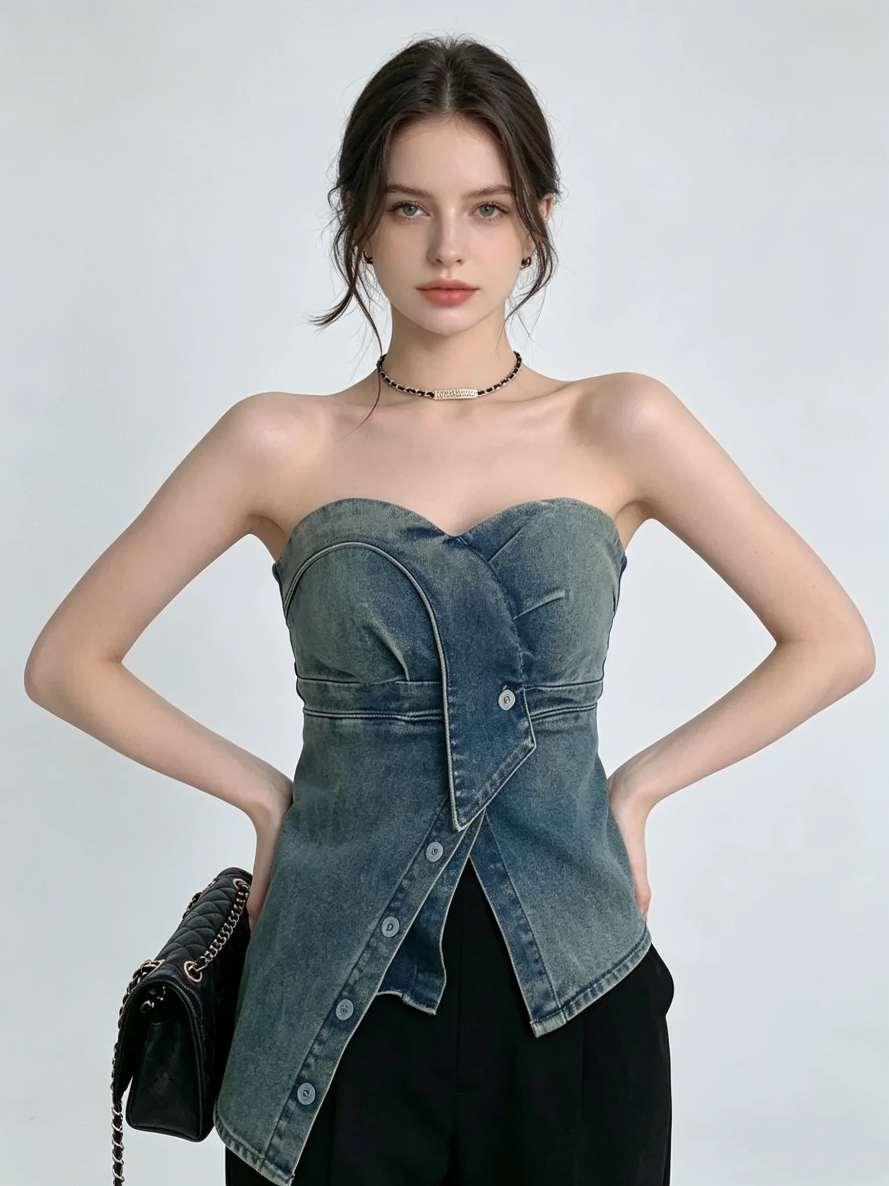 Women\'s Blue Crop Top Vintage Y2k Camisole 90s Aesthetic Streetwear 2000s Off Shoulder Sleeveless Tank Top Fashion 2024 Summer