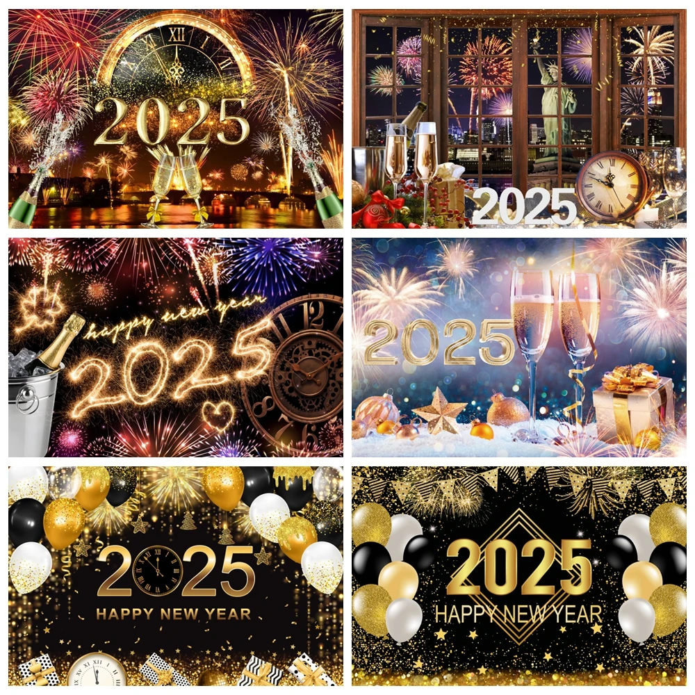 

2025 Happy New Year Backdrop for Photography Fireworks Clocks Champagne Gold Balloons Family Party Decor Background Photo Studio