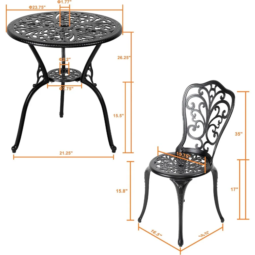 Ensemble de bistro d'extérieur 3 pièces, ensembles de bistro de patio en aluminium moulé toutes saisons, table et chaises de patio, lot de 2 avec trou pour parasol pour