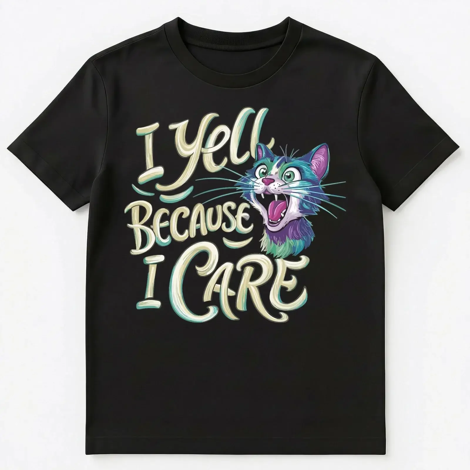 I Yell Because Care Funny Cat T Shirt vintage Washed fashion designer clothes Unisex Soft Comfortable graphic streetwear Casual