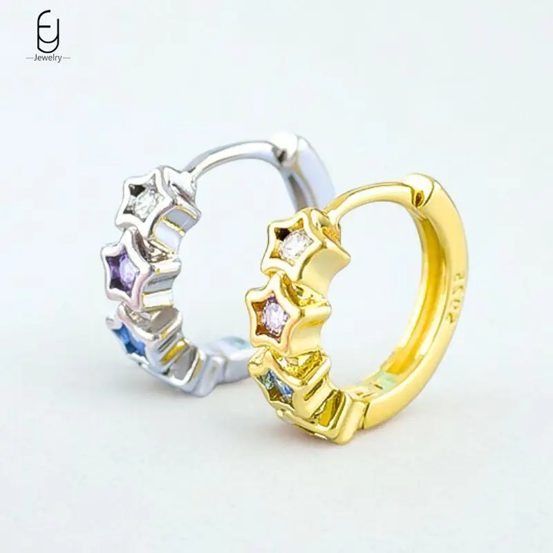 

Star Shape Rainbow Zircon 925 Sterling Silver Needle Hoop Earrings For Women Ins Minimalism Colorful Round Earrings Fine Jewelry