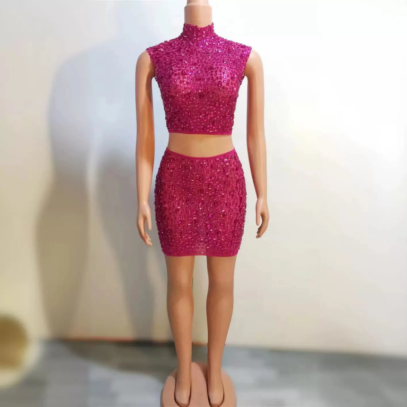 

Sexy mesh hot diamond dress hollow perspective slim-fitting short skirt evening dress stage performance clothes