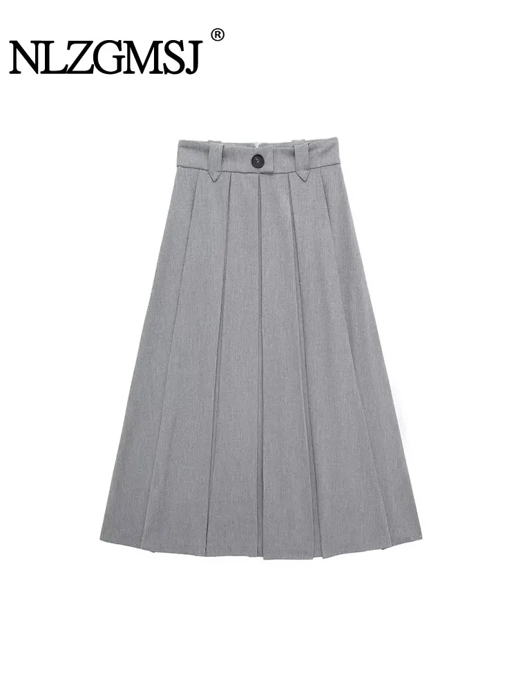 TRAF 2024 Spring Pleated Midi Skirt Woman High Waist A Line Skirt Elegant Long Skirts For Women Fashion Office Skirts