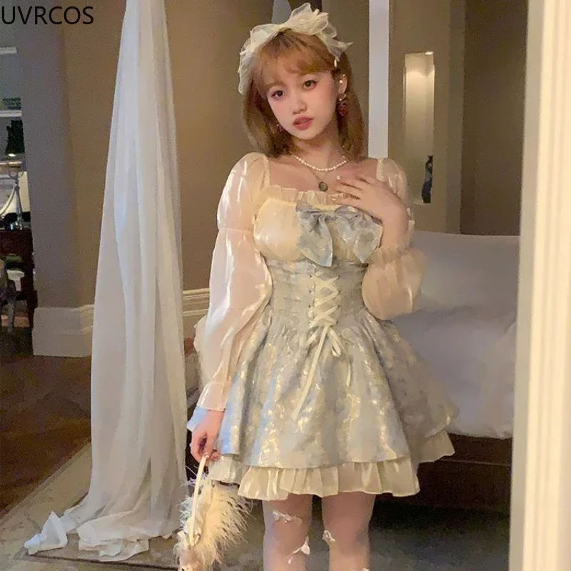 Korean Fashion Y2k Lolita Mini Dress Women Kawaii Bow Sweet Print Long Sleeve Fairy Party Dresses Casual One Piece Floral Dress