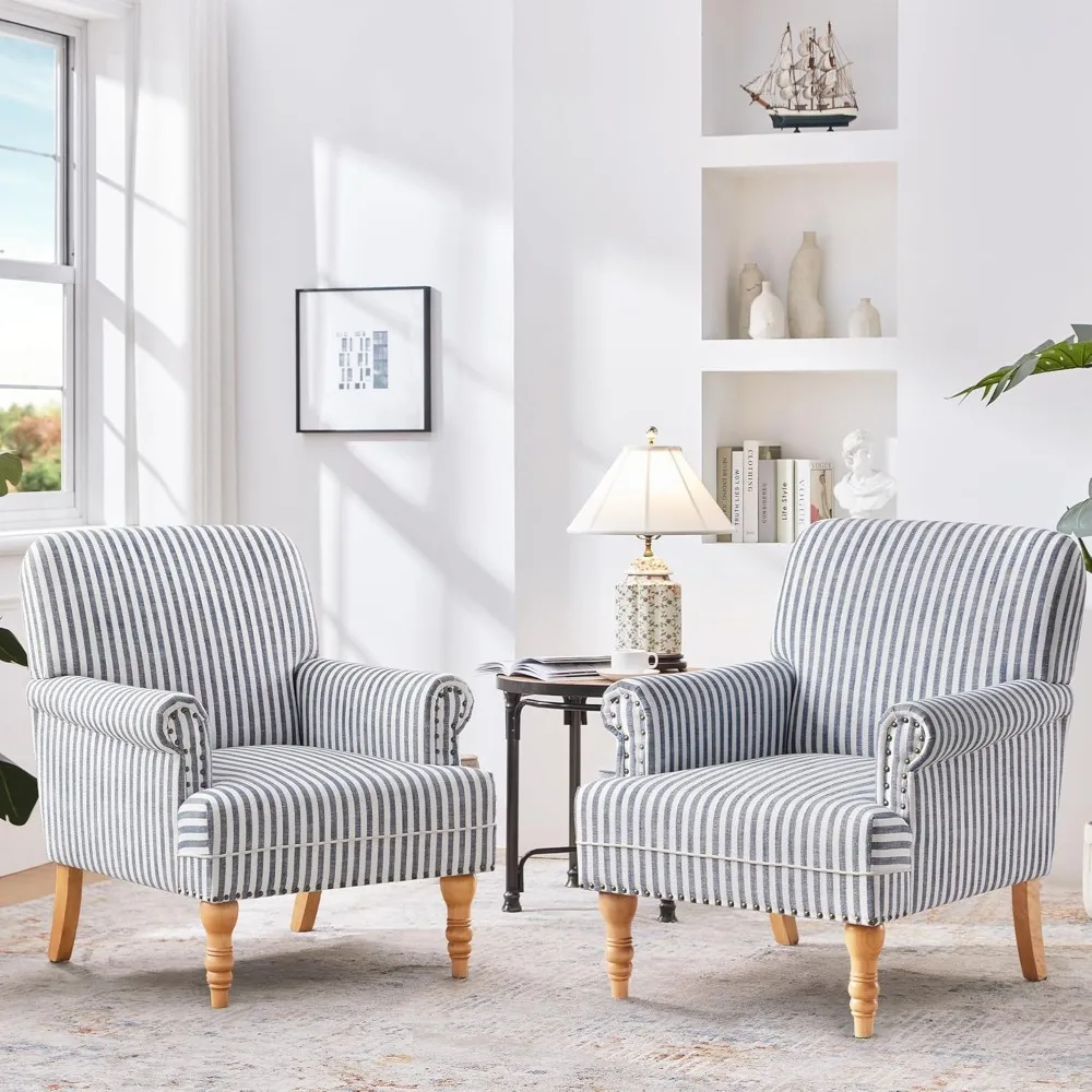 

Linen Fabric Accent Chairs Set of 2, Mid-Century Modern Armchair with Solid Wood Legs, Single Sofa Chair,Upholstered Reading
