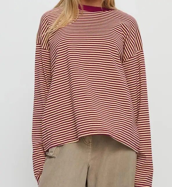 Herbst Frauen Harajuku Gestreiften T-shirt Lange Hülse O-ansatz Casual Top Femme Streetwear Rosa Schwarz Rot Lose Straße Tops S-XL