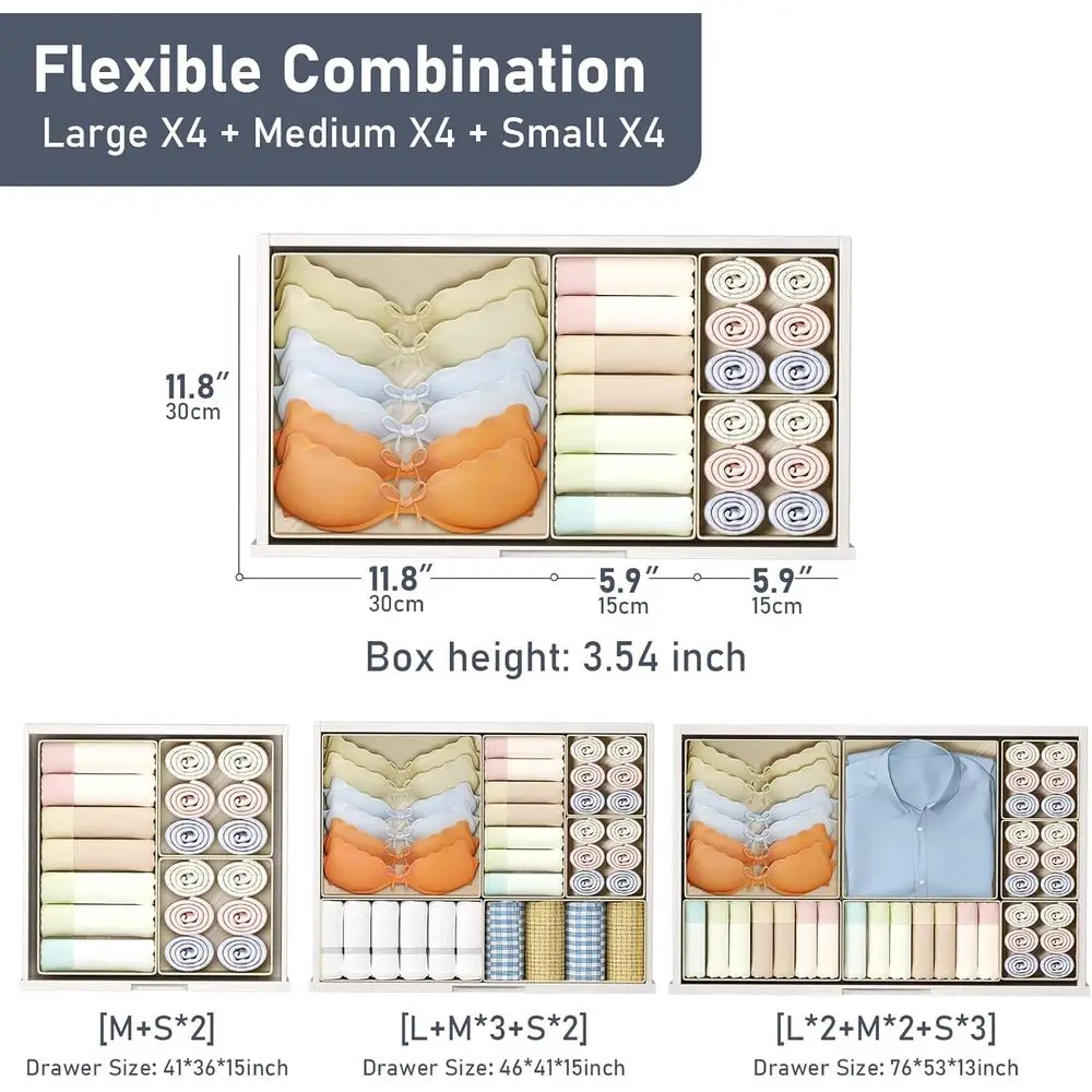 12-Pack Collapsible Closet Organizers for Baby and Adult Clothing, Underwear, and Socks in Beige