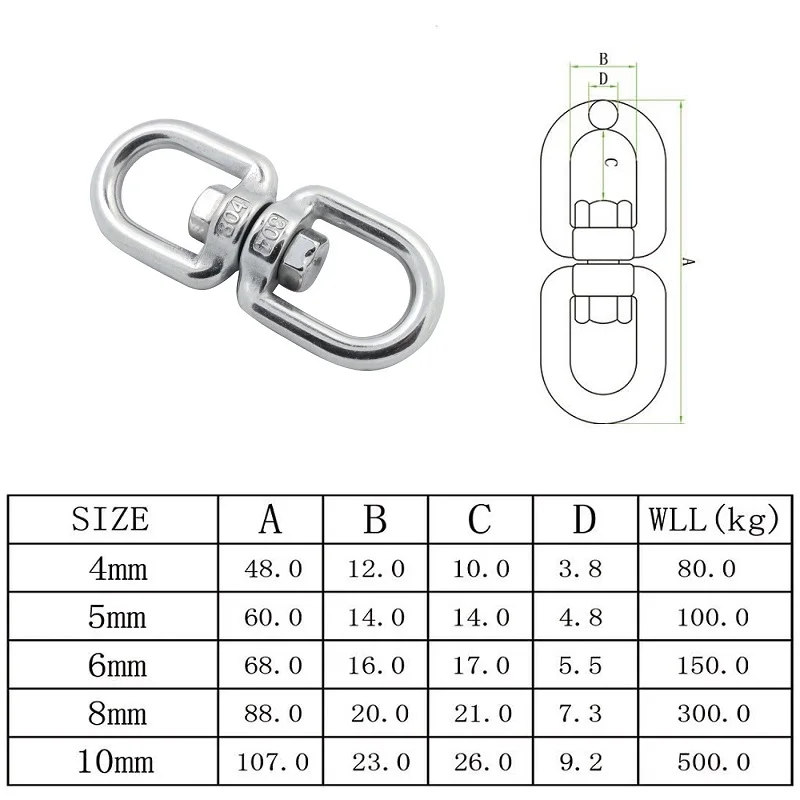 1PCS Eye To Eye Anchor Swivel 4mm 5mm 6mm 8mm 10mm Stainless Steel 304 Heavy Duty Stainless Steel Marine Anchor Chain Swivel