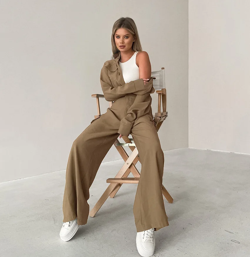 Elegant Khaki Casual Rompers Long Sleeves With Wide Legs Pants One-Piece Ladies Office Ladies Pockets Jumpsuits 2024