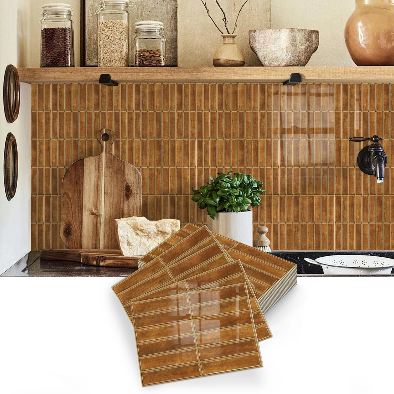 

Vintage Brown 2D Tile Self-Adhesive Wall Sticker (17×23cm) Thickened PE Foam Backsplash for Kitchen Bathroom Decor