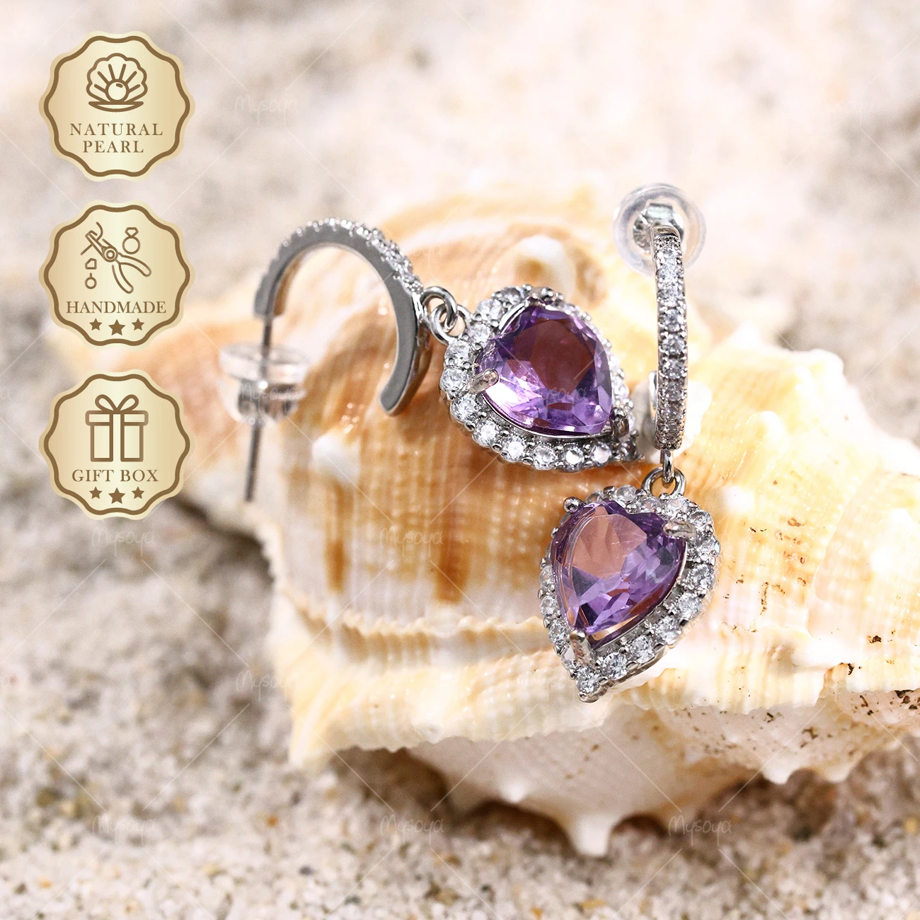 

Mysoya Silver Plated Heart Pendant Stud Earrings Natural Amethyst 8mm 1.56ct Gift Box Valentine’s Day Birthday Gift For Her