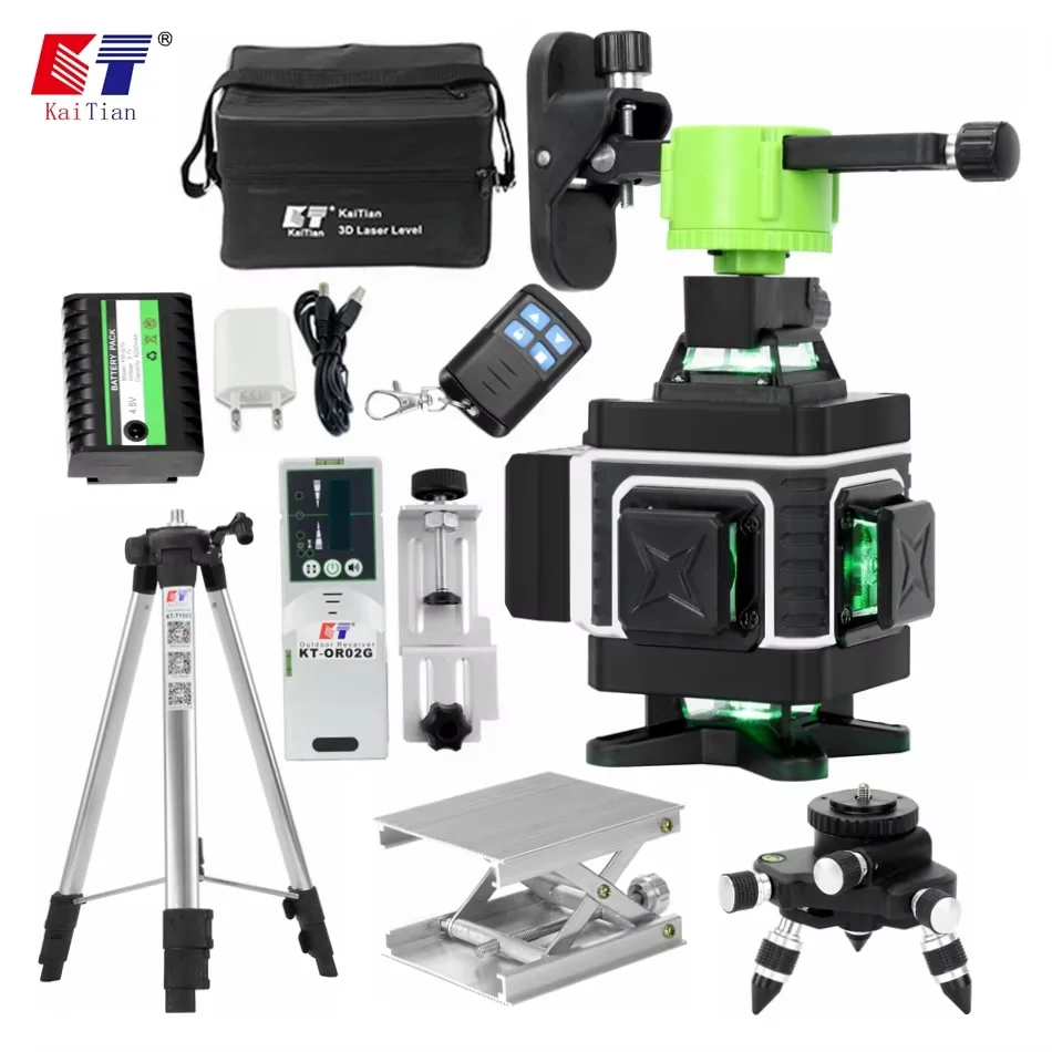 Kaitian Niveau Laser Level Receiver Green 16 Line 4D Self Leveling Cross Vertical and Horizontal Battery 360 Lasers Level Tripod
