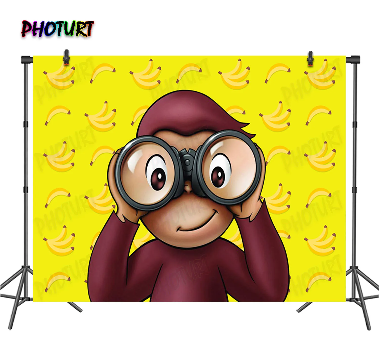 PHOTURT George Monkey Backdrop Kids Birthday Background Yellow Banana Cake Vinyl Polyester Photography Studios Decoration Props