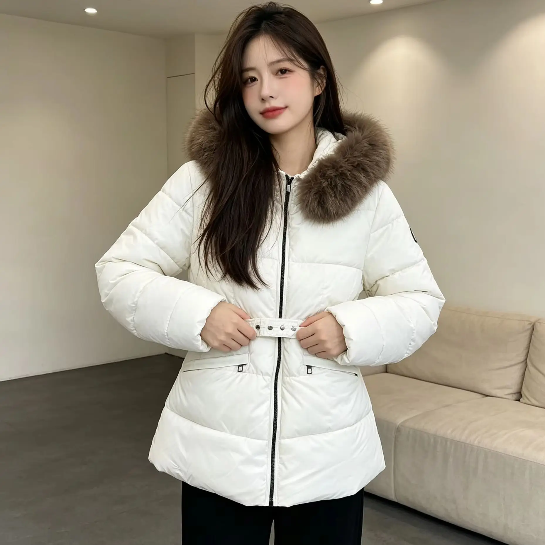 2026 Winter Women Waist‑Tighten Puffer Jacket Slim Female Fur Hood Drawstring Waist Warm Padded Parkas Coat Chic OL Outerwear