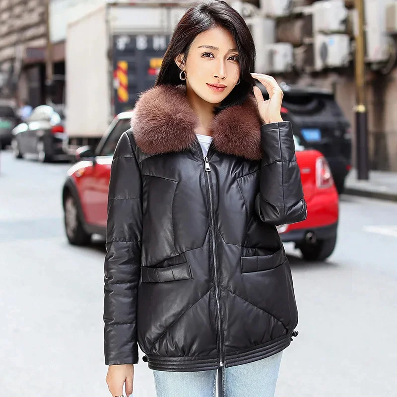 Winter New Leather Down Coat Outdoor Swat Labor Cycling Riding Hunting Women's Short Sheep Skin Fox Fur Collar Small Tops Jacket