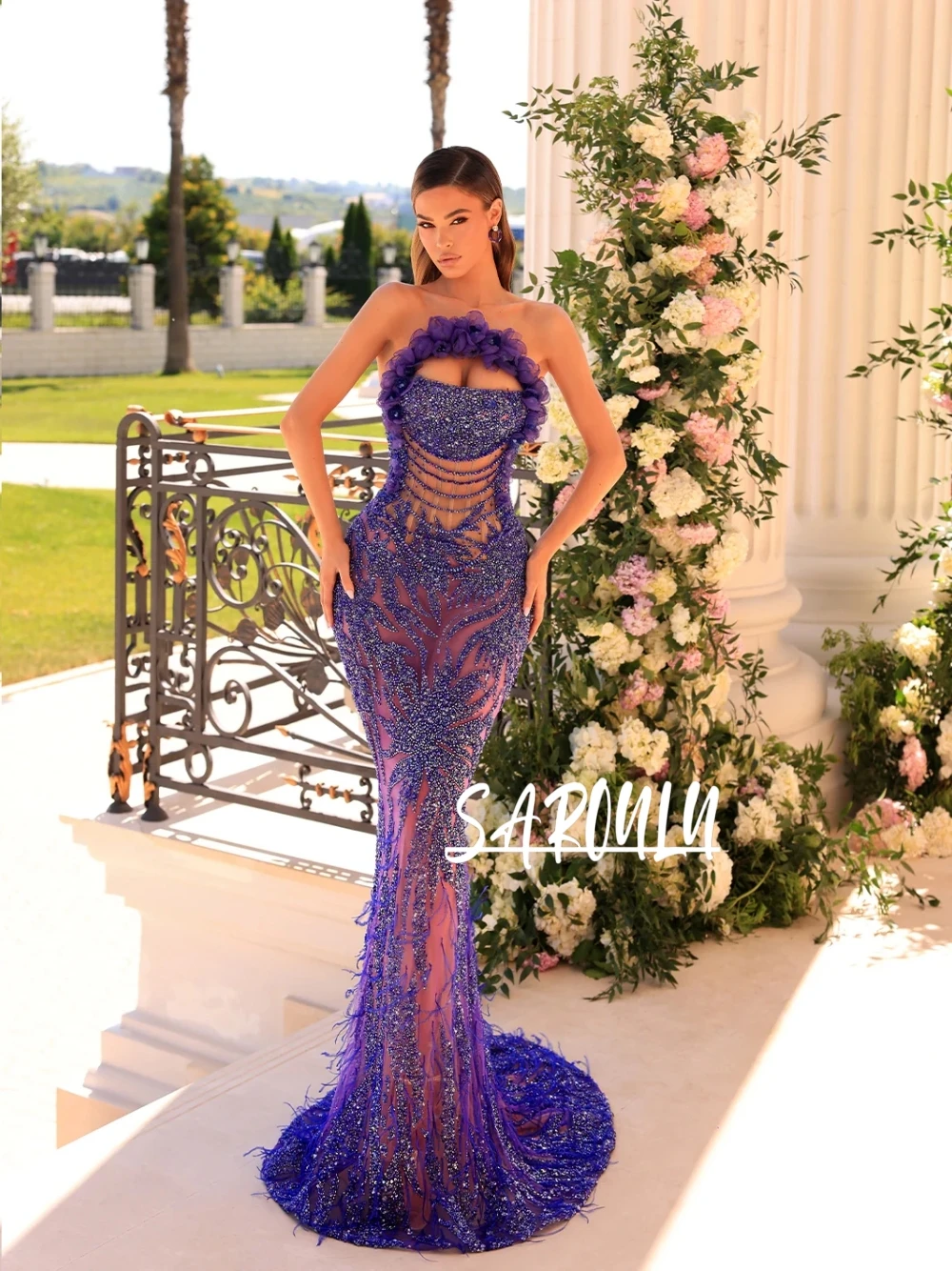 

Dark Purple Romantic Customized Prom Gown Celebrity Chic Beads Corset Tassel Charming Feathered Mermaid Luxe Evening Dress