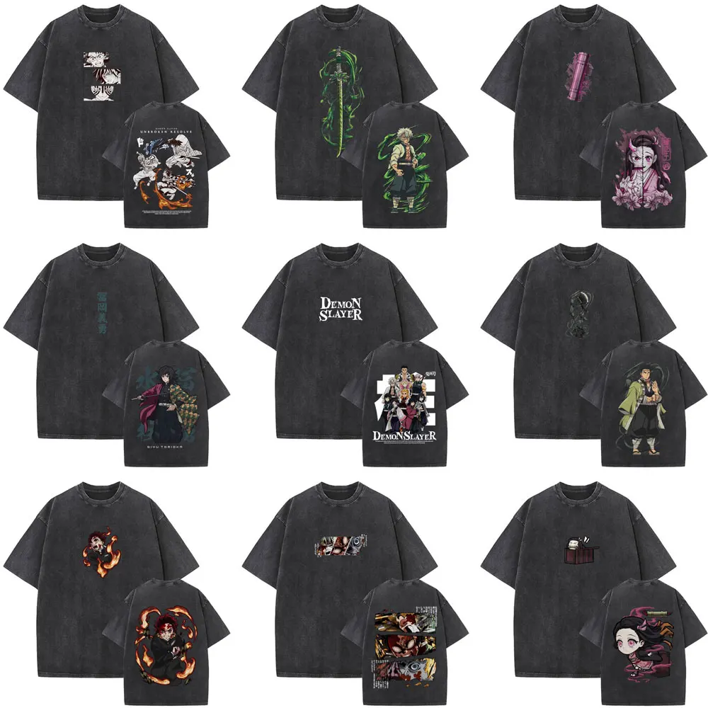 

Washed Vintage Anime Demon Slayer Graphic T-shirt Men Women Cartoon Manga Retro Short Sleeve T-shirts Male Fashion Trend T Shirt