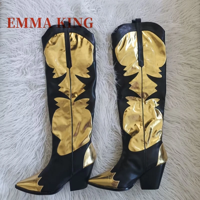 مختلط اللون حذاء بكعب سميك أحذية كاوبوي للنساء موضة أشار تو الانزلاق على حذاء برقبة للركبة الشتاء الخريف أحذية رعاة البقر الغربية