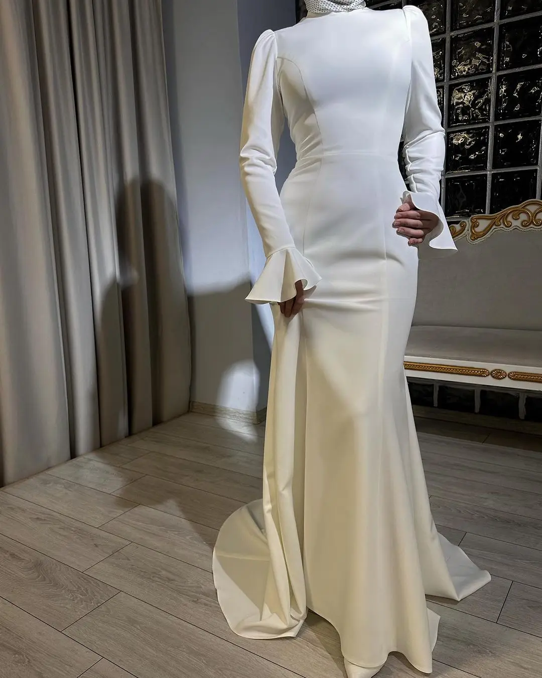 

FLORINE TULIRAIN O-neck Full Sleeve Sheath Court Train White Satin Wedding Evening Dress Cocktail Prom Gown For Sexy Women