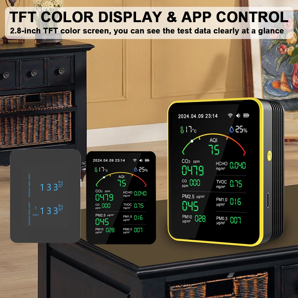 Imagem -06 - Detector de Qualidade do ar Tuya Wifi Portátil Household Tester Tft Tempo de Exibição 15in Aqi Pm0.3 Pm1.0 Pm2.5 Pm10 co Co2 Tvoc Hcho