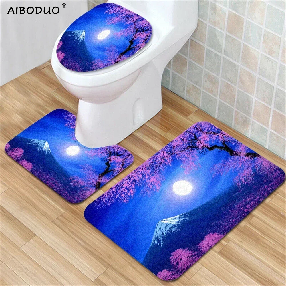 Cherry Blossom Fuji Mount Bathroom 3Pcs/set Mats Home Flannel Decorations and Accessories Floor Rugs Toilet Cover 40*60/50*80 CM