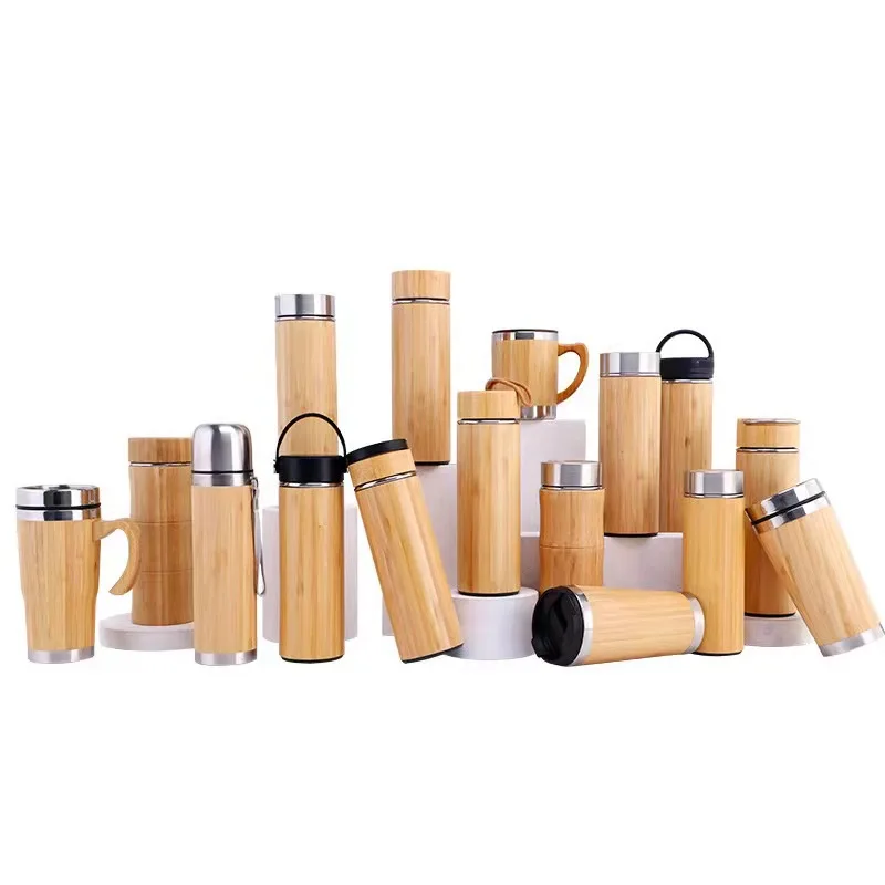 Bamboo Tea Thermos Stainless Steel Double Wall 400-500ml Coffee Tea Vacuum Flask