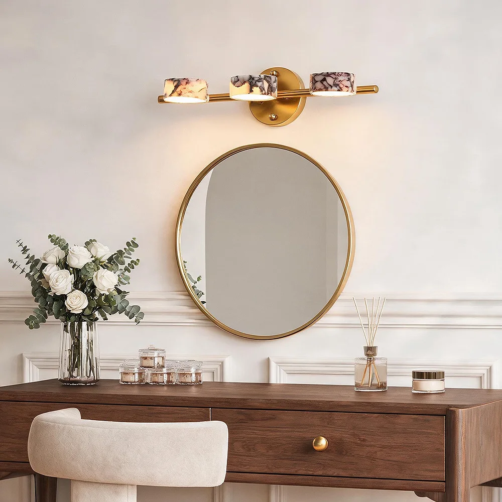 LED Wall Lamp Round Natural Limestone Double Sided Vanity Mirror Light for Bedroom Bathroom Headboard Home Decor