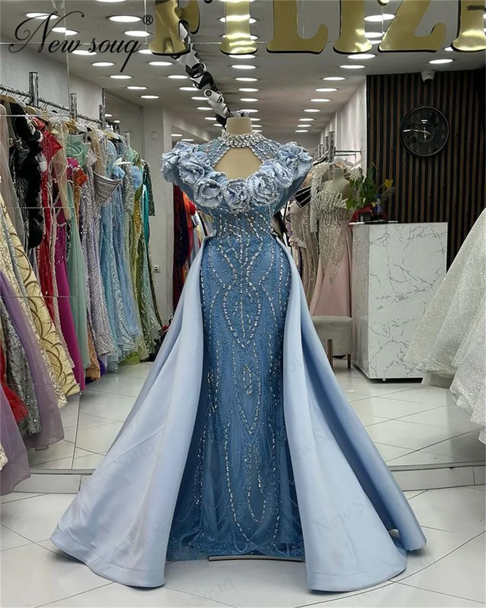 2 In 1 Glitter Long Prom Dresses With Crystals Ruffles Neck Evening Dress Robes De Soiree Dubai Wedding Party Dress Customized