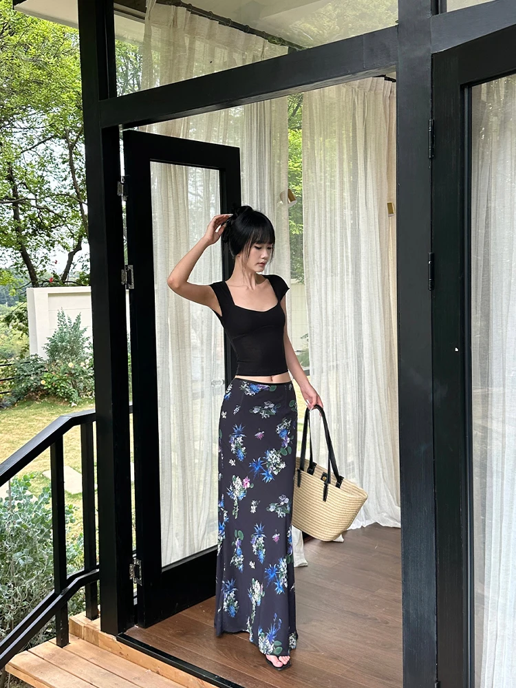 

Прямая юбка-миди Bla, женская модная шифоновая юбка с принтом средней талии, длинная длинная юбка с длинным шлейфом и длинным хвостом