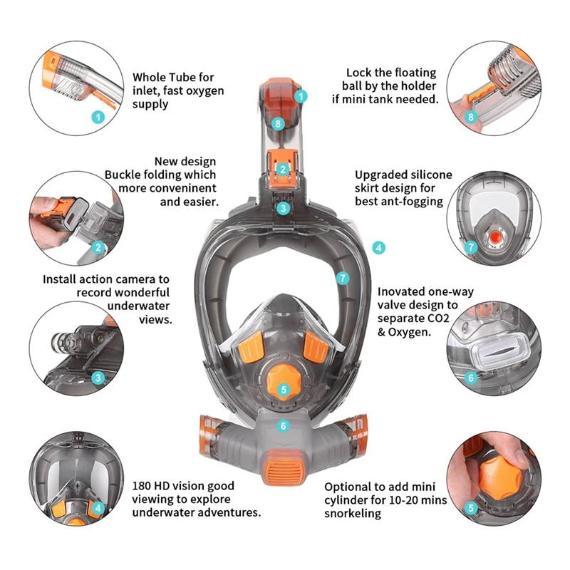 남녀공용 스노클 마스크, 스쿠버 수중 풀 페이스 다이빙 마스크, 오렌지 및 그레이 (L/XL)