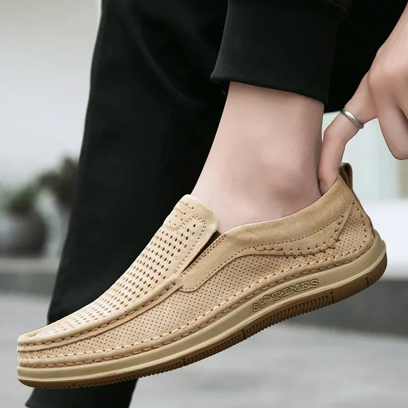 Hollow Out Summer Loafers Luxury Genuine Leather Mens Shoes Suede Male Casual Shoes Breathable Soft Driving Shoes Walking Shoes