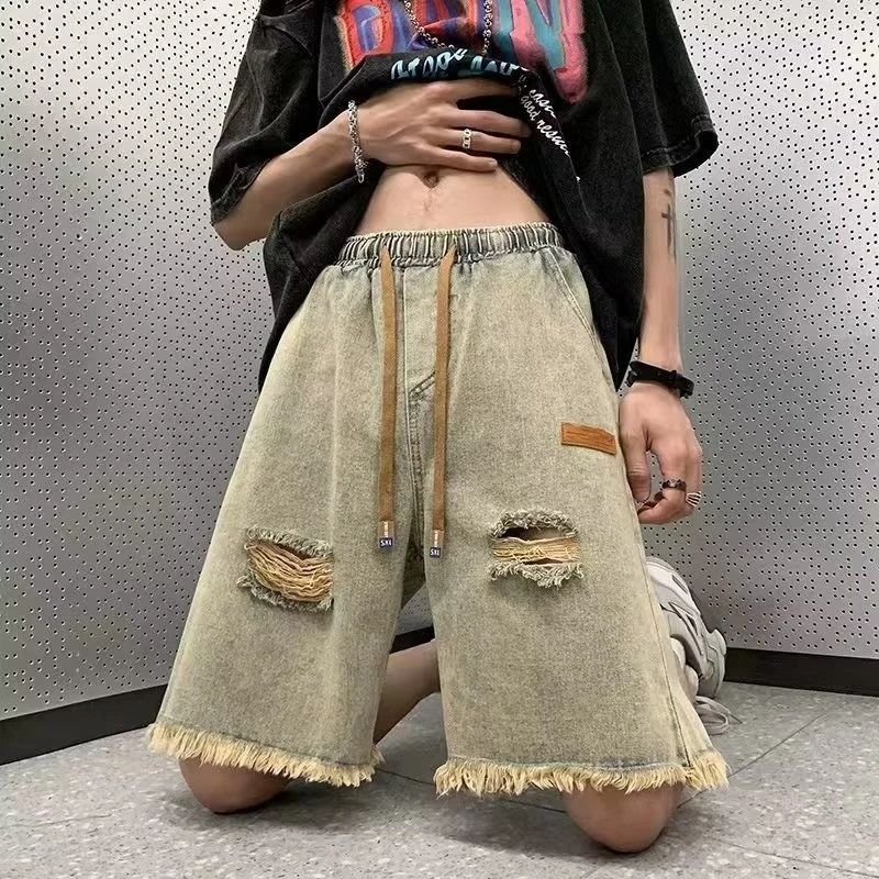 

American Cool Men Ripped Frayed Denim Shorts Summer Wear Casual Loose Fit Mid Length Washed Distressed Urban Style Edgy Look