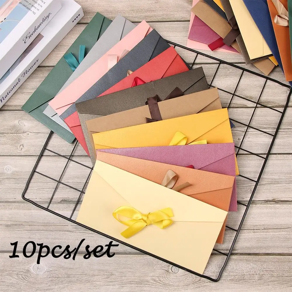 10 Pcs/Set Envelope Greeting Card Bags Pearlescent Paper Bow Thicken Ribbon Retro Creative Color Stationery Wedding Invited Gift