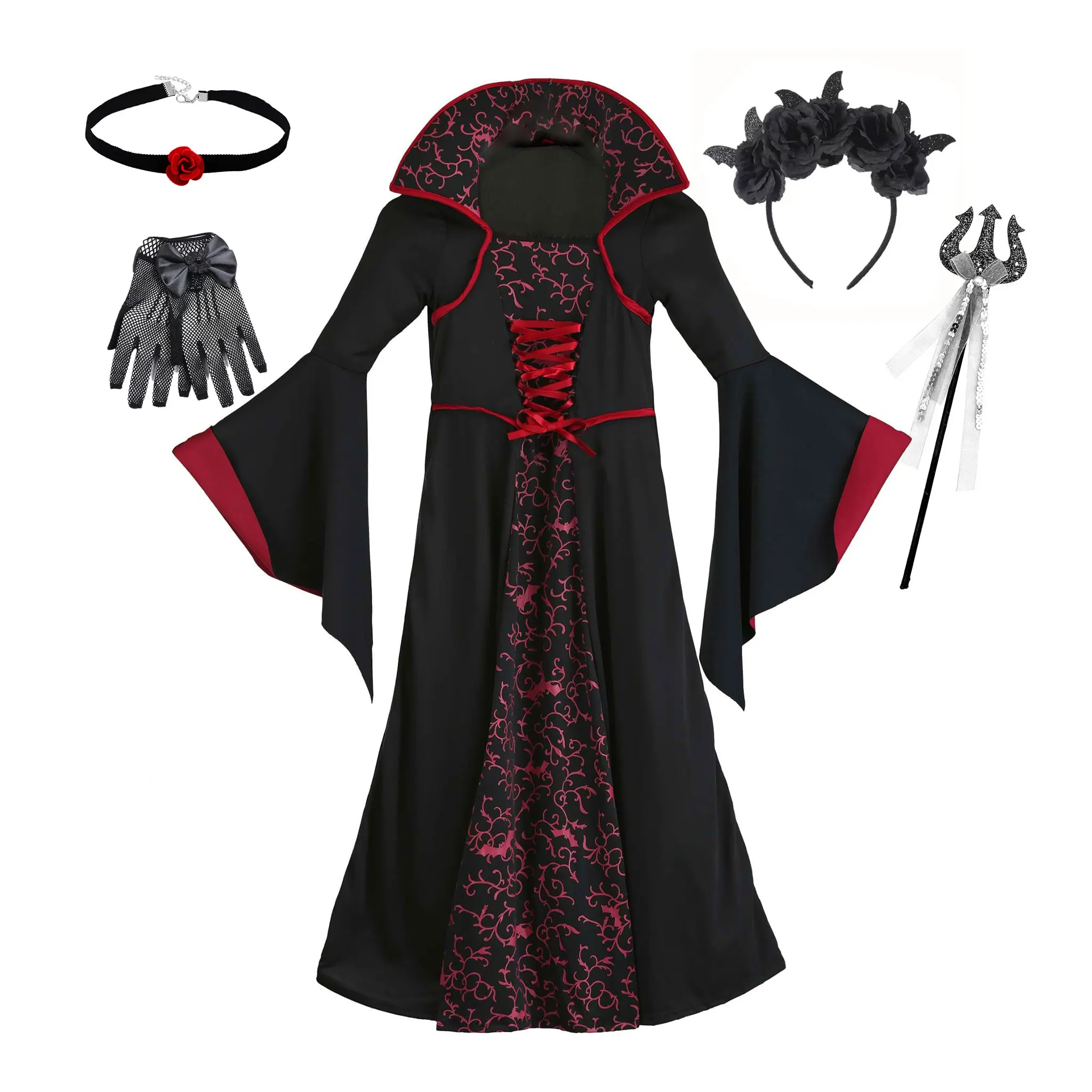 Kids Royal Vampire Queen Costume Retro Black Red Long Robe Girls Gothic Dress Halloween Street Parade Villain Role Play Outfit image 6
