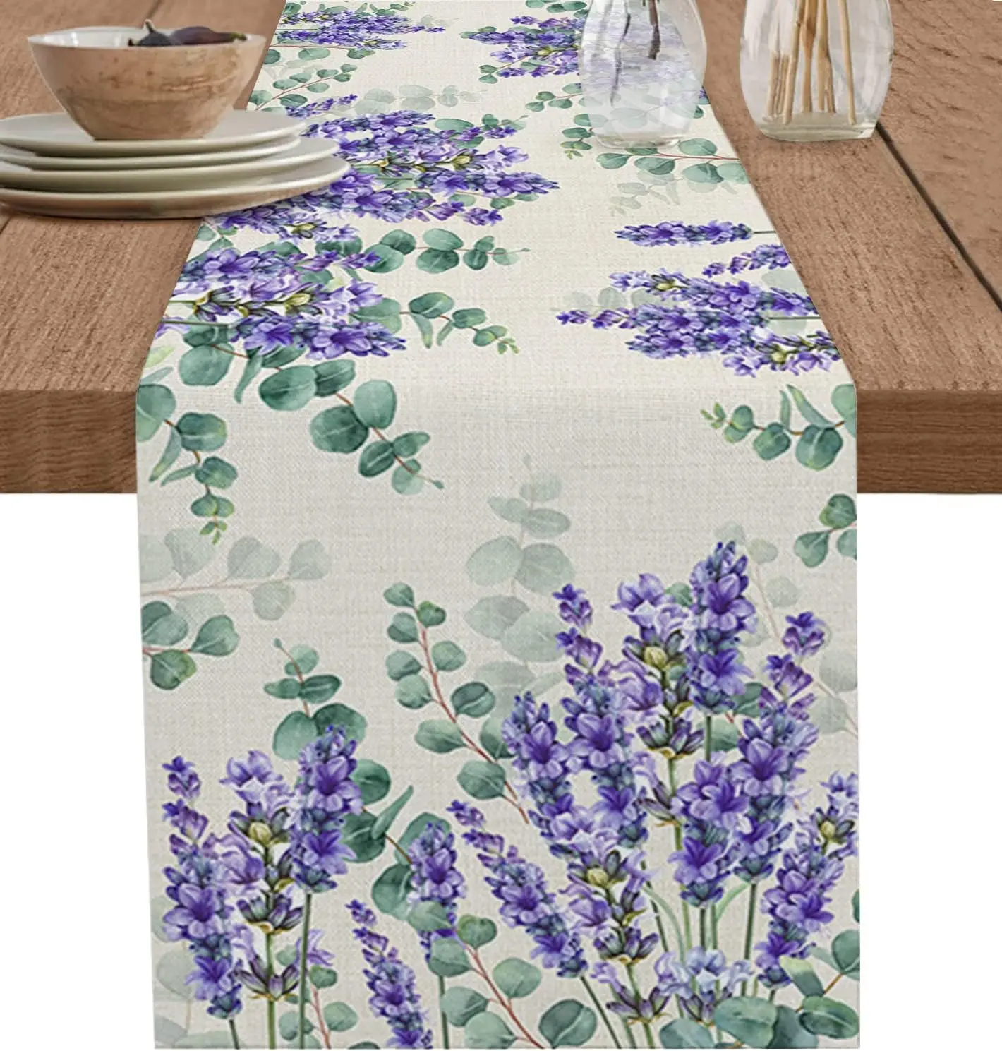 Purple Lavender Flower Eucalyptus Leaves Linen Table Runners Summer Dresser Scarf Table Decor Dining Table Wedding Party Decor